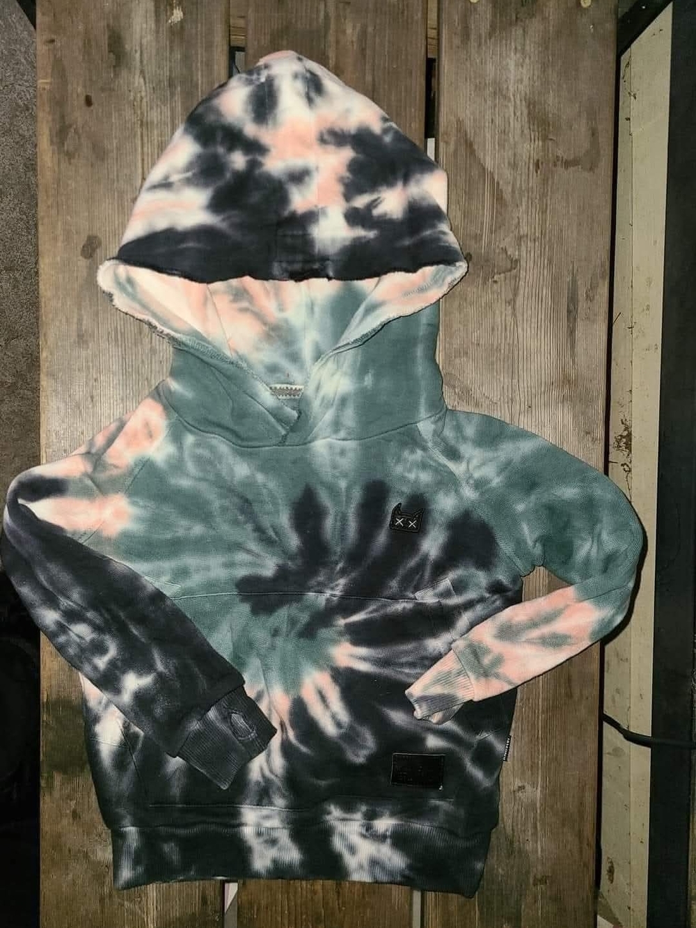 MUNSTER SZ 3 NWOT TEAL / BLACK / MUTED PINK TYE DUE pullover sweatshirt Hood